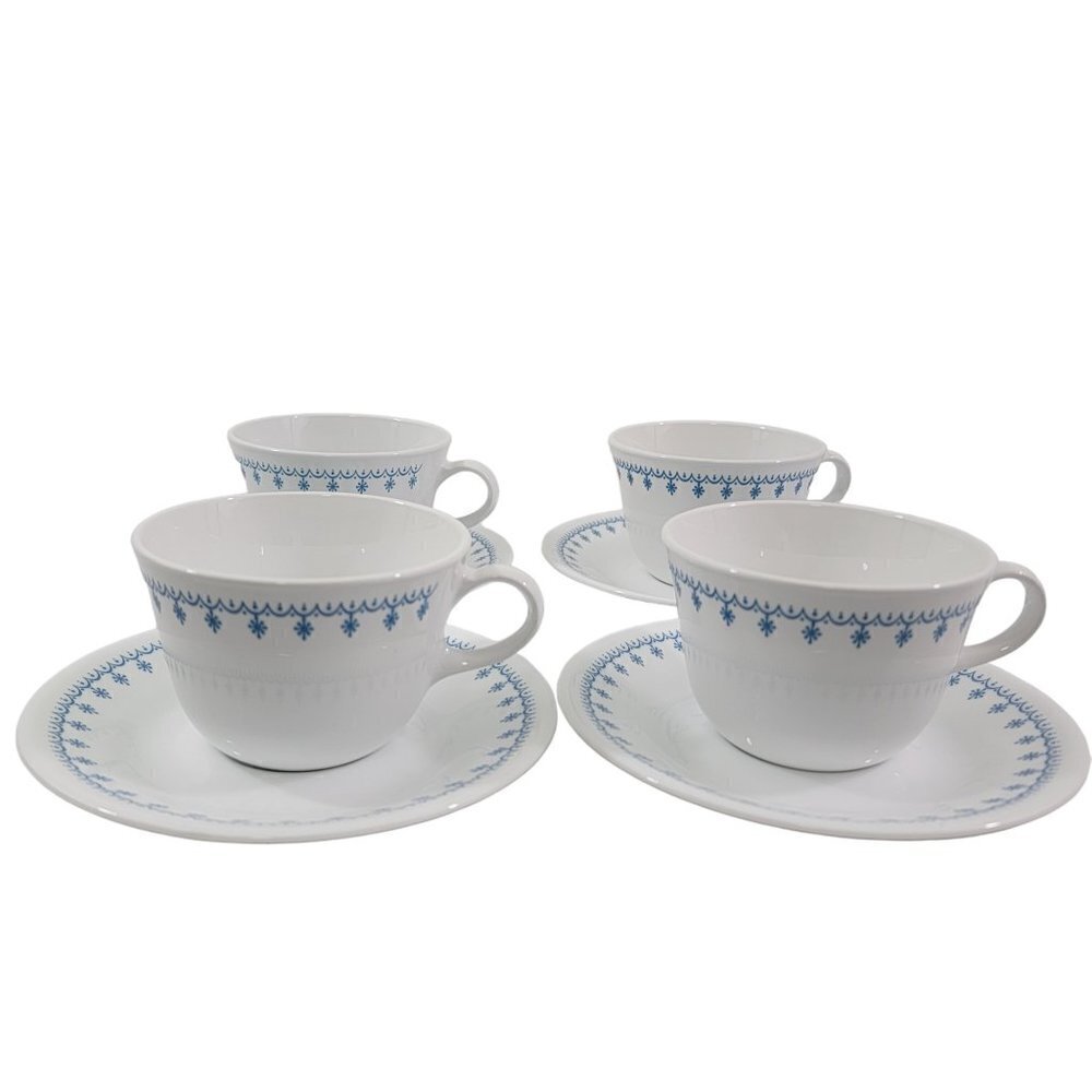Vintage 1970’s Corelle Livingware Blue Ring Handle Snowflake Cup & Saucer Sets